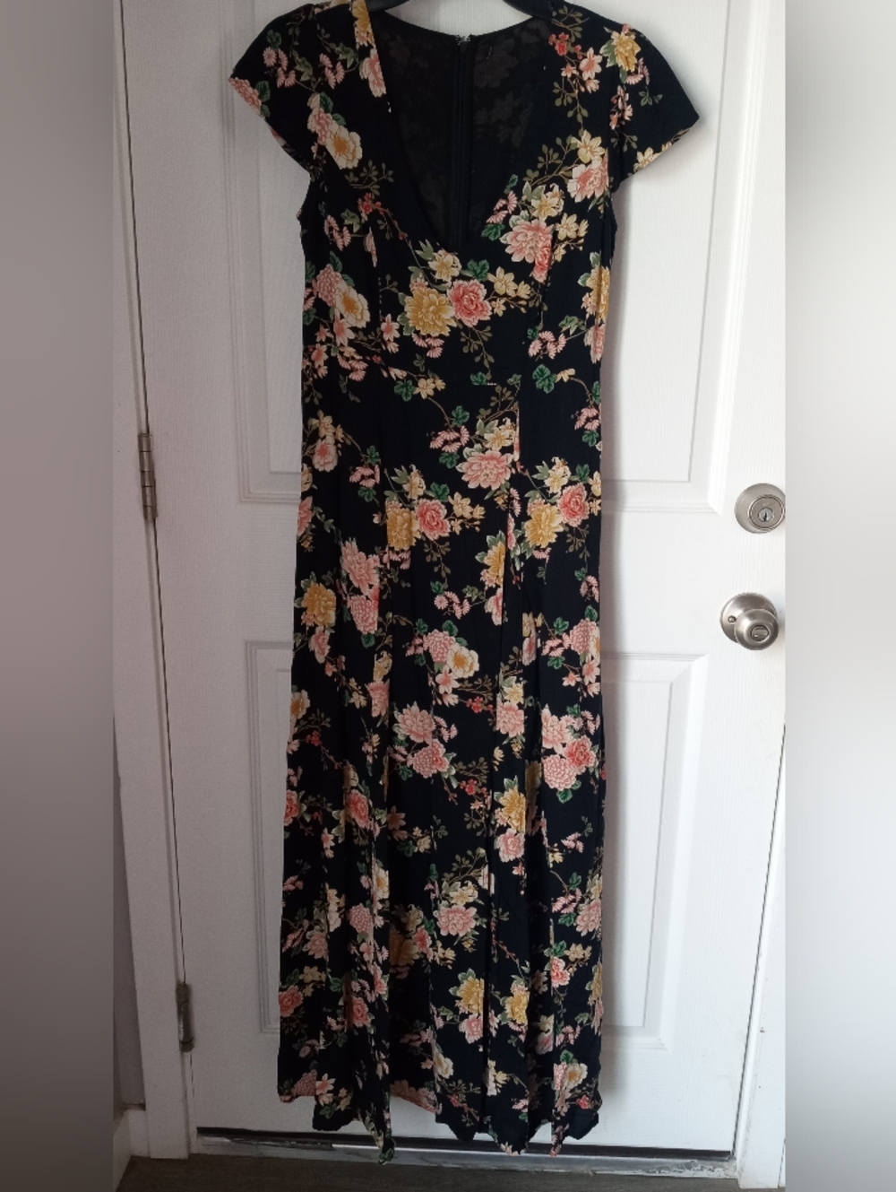 Black Floral Maxi Romper Dress with Pink and Yellow Roses